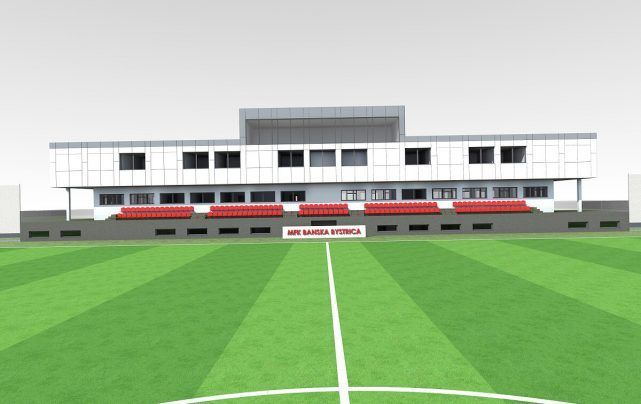 Takto bude vyzerať kompletne vybudovaná a ukončená viacpodlažná budova hlavnej budovy Mládežníckeho mestského futbalového štadióna v Banskej Bystrici - Radvani, kde bude mať svoj domov mládež aj vedenie MFK Dukla Banská Bystrica. Z štúdie je zrejmé, že sa oplatilo trochu počkať s výstavbou, kvôli času na jej prepracovanie, keďže je oveľa lepšie mať murovanú hlavnú stavbu ako stavbu z oceľových kontajnerov. Foto: archív duklasport.sk